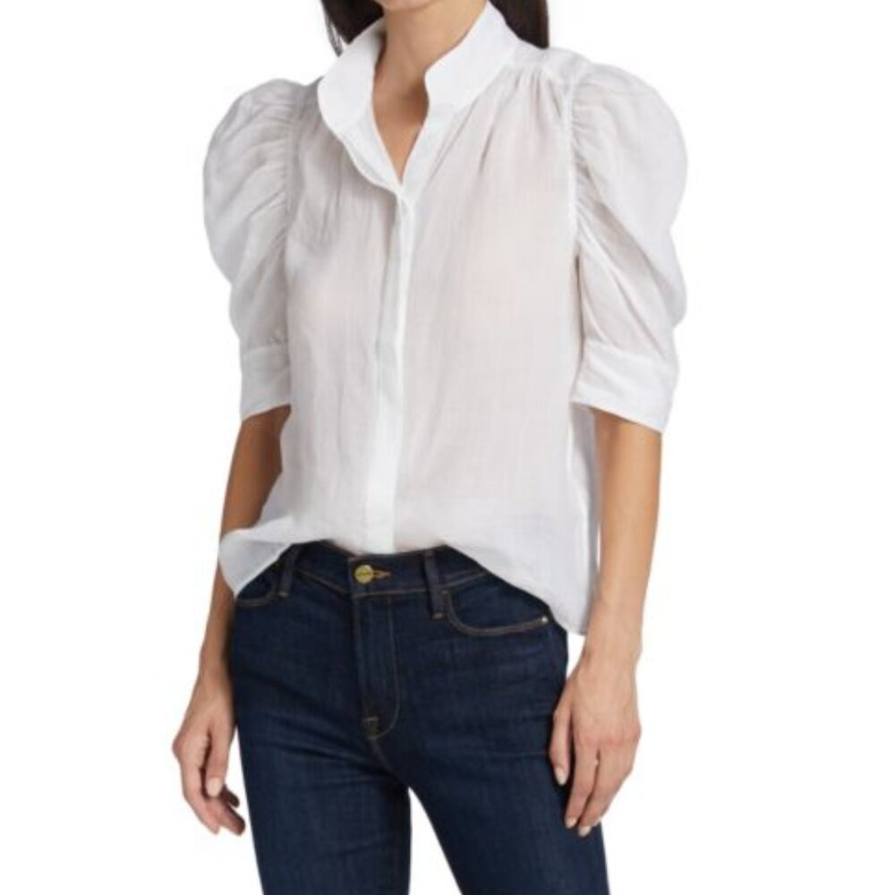 FRAME Gillian Puff-Sleeve Top XL Ramie White Button Down $298 Retail Sold Out